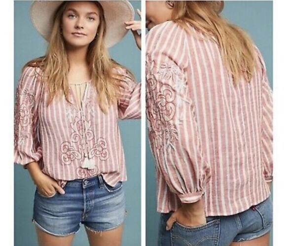 Tops - Anthropologie Akemi & Kin Audria Striped Peasant Tassels Embroidered Size XS EUC